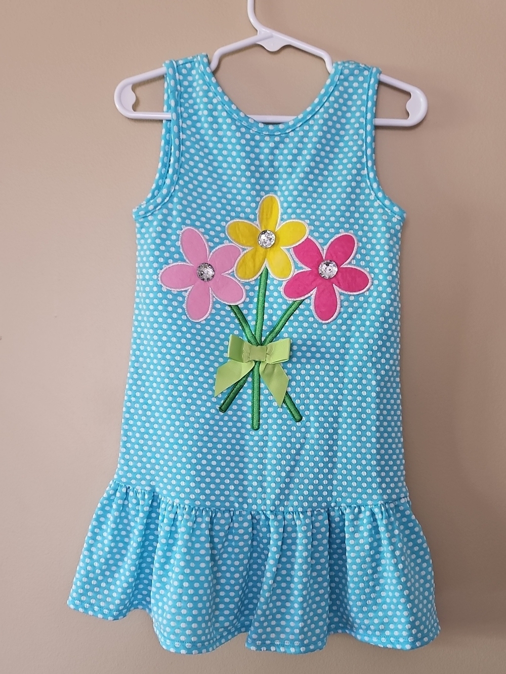 Youngland Toddler Aqua Polka Dot Tank Dress with Floral Appliqué